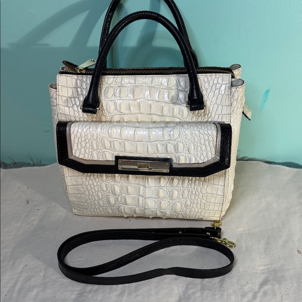 Brahmin Malia Sugar Tri-texture Top-Handle Satchel in Cream and Black